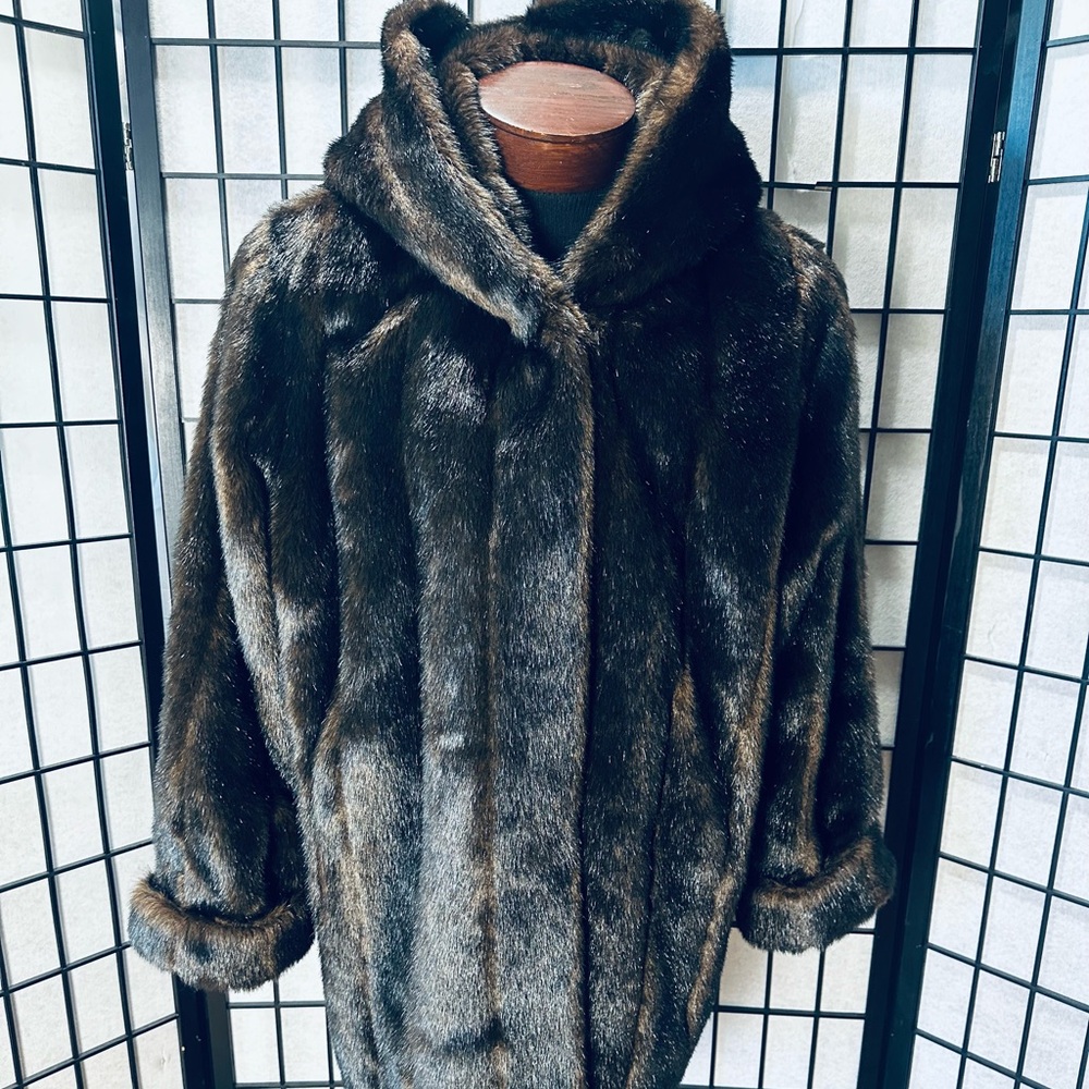 Pamela McCoy Faux Mink Fur Hooded 3/4 Length Coat